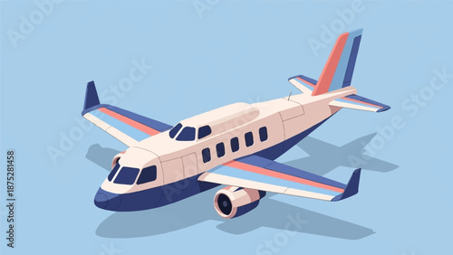 Pixelated airplane with blue, white, and coral accents flies against a clear blue sky