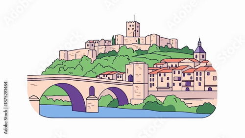 An illustrated view of a fortified hilltop town with a prominent bridge crossing a river below