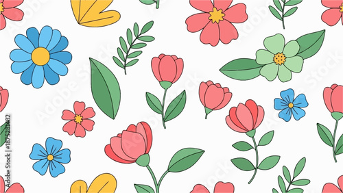 A whimsical floral pattern featuring blooming flowers and green leaves in soft, pastel colors