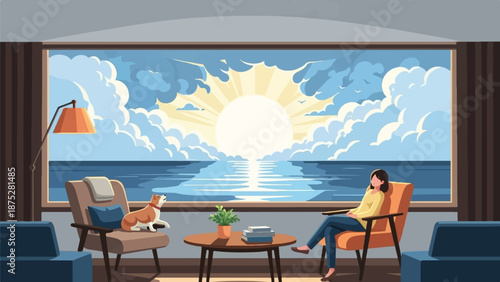 Cozy room with dog and person watching a bright ocean sunrise through a large window