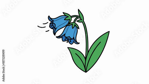 Stylized blue bell flowers with green leaves depicted on a white background