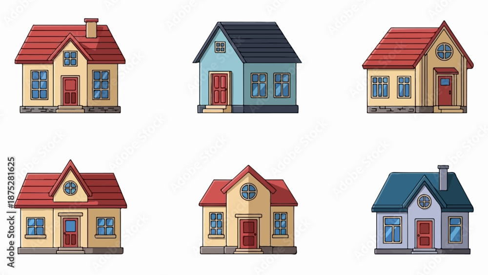 Fototapeta premium Six cartoon houses in rows of three, different colors, roofs, windows