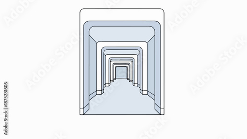 Stylized, receding geometric hallway with curved corners and muted blue tones
