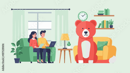 Couple on sofa with laptops, large teddy bear, clock, and shelves