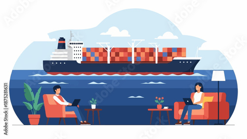People working remotely with a cargo ship in the background