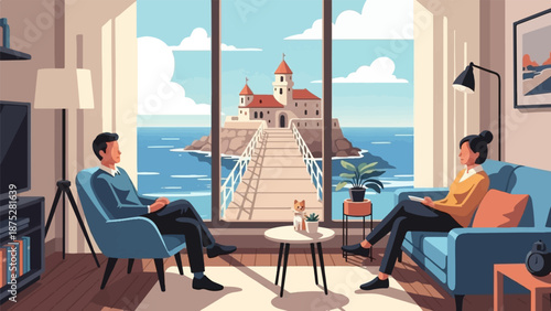 Two people relax indoors, enjoying a scenic view of a castle across the sea
