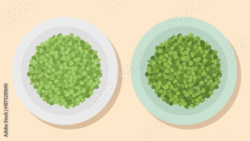 Two plates filled with green peas against a soft orange background