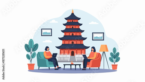 Two individuals work on laptops in a serene setting with a pagoda structure