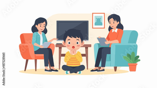 Concerned child with two adults in a room, one holding tablet, another reading