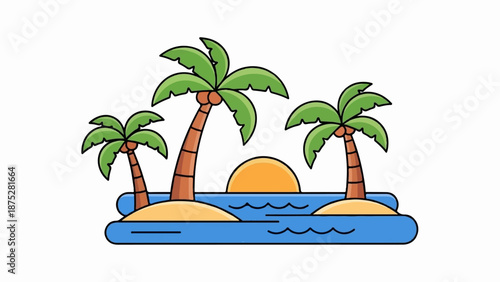 Cartoonish tropical island scene with palm trees, sand, ocean, and a setting sun