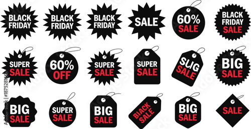 Black Friday sale labels collection, discount tags and badges set, retail promotion icons for ecommerce marketing design use