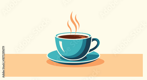 Blue ceramic coffee cup filled with dark coffee sitting on a matching saucer with steam rising above it on a warm neutral background.