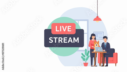 People and dog watch laptop with live stream overlay