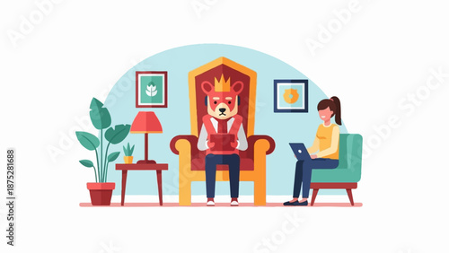 Anthropomorphic dog king sits on throne, woman works on laptop nearby