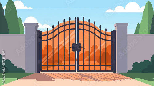 Ornate iron gate with reflective panels opens to a serene, sunlit landscape