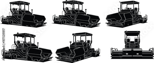 Black Silhouette Vector Set of Asphalt Pavers Laying Hot Bitumen and Tarmac, Representing Heavy Road Construction, Paving Process, and Civil Engineering Equipment Icons
