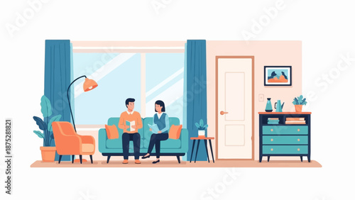 Two people read books while relaxing on a couch in a well-lit room with a large window and decor