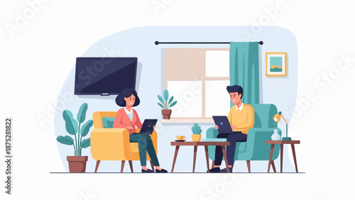 Two people working on laptops in a cozy living room with plants and a television
