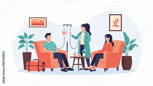 Medical scene with people receiving care, drip bag, and plants
