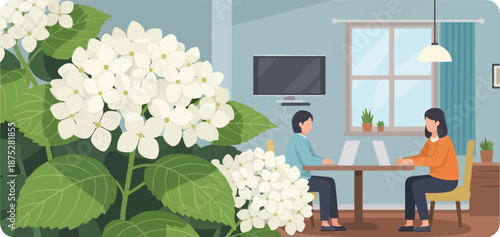 Two people work on laptops in a room with a large white hydrangea bush