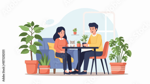 Couple with cat and plants enjoying a cozy indoor moment