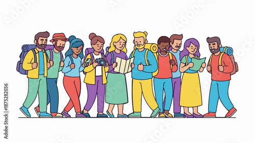 Diverse group of travelers with backpacks, maps, and cameras, ready for adventure