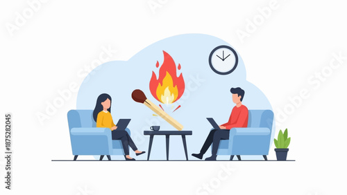 People working on laptops with a burning match and clock