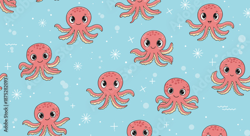 Cute seamless pattern of small pink octopuses with large eyes and white stars scattered across a light blue background for children.