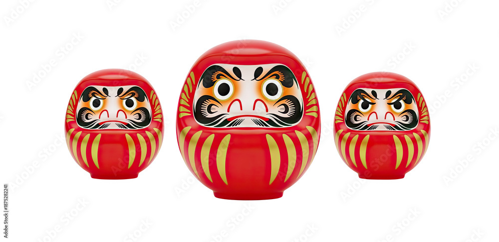Obraz premium Three traditional Japanese Daruma dolls in red and gold, symbolizing good luck and perseverance