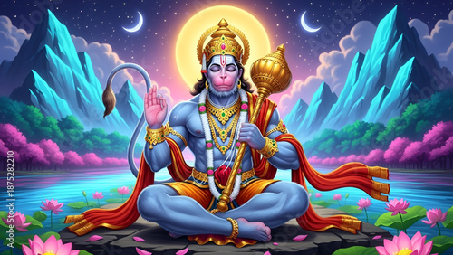 Divine artwork of Shri Hanuman depicted in calm meditation with glowing aura lotus filled river and peaceful mountain valley scenery for bhakti worship and spiritual devotion themes