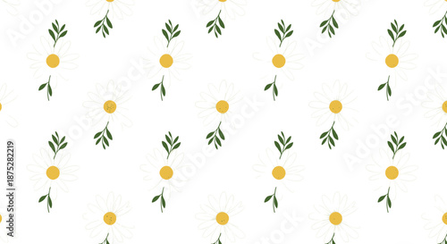 Simple seamless pattern of white daisy flowers with yellow centers and green leaf stems repeated over a clean white background.
