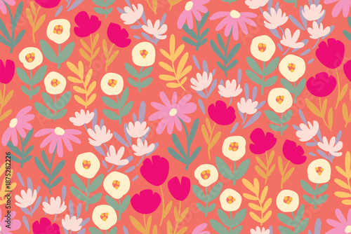 Seamless floral pattern, liberty ditsy print in childish drawing motif. Cute botanical design of small painted plants, daisy flowers, tiny leaves, girly meadow on pink background. Vector illustration.