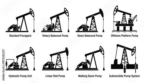 Variety of Oil Pumpjack Designs, Illustrations of Petroleum Extraction Methods