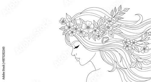 Profile view of a woman with long flowing hair adorned with a beautiful crown of flowers, depicted in an elegant black line drawing.