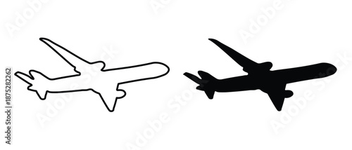 Vector Airplane Design Set. Outline and Silhouette Style Plane Illustration Isolated on White Background. Soaring Aerial Airship Vehicle Flying for Arrival Landing. Liner Plane Design Element.