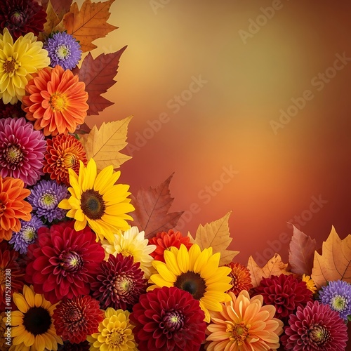 Autumn floral arrangement with sunflowers and colorful dahlias.