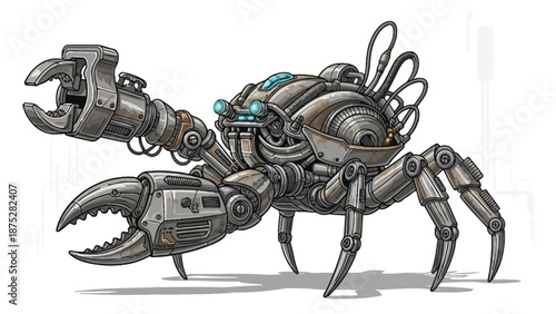 Mechanical crab robot with claws and wires on white background futuristic sci fi concept