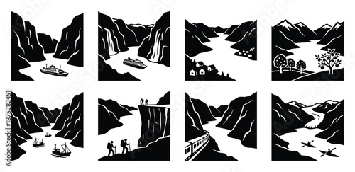 Monochrome Set of Landscapes: Fjords, Mountains, Travel Scenes, River, and Cliffs.
