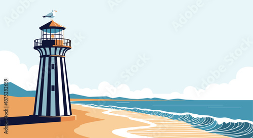 Tall lighthouse with blue and white stripes standing on a sandy beach under a clear blue sky with a seagull perched on top of its dome.