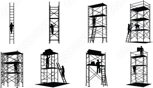 Black Silhouette Vector Set of Construction Workers Climbing Ladders and Erecting Scaffolding Structures, Representing Work at Heights, Building Erection, and Site Maintenance Icons