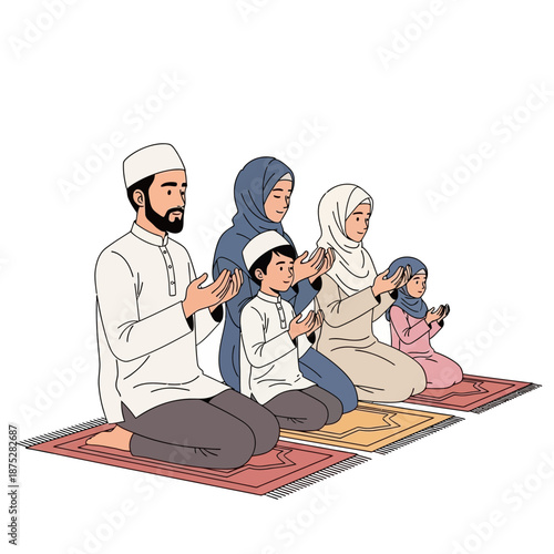 Muslim Family Praying Together, Islamic Devotion, Peaceful Worship