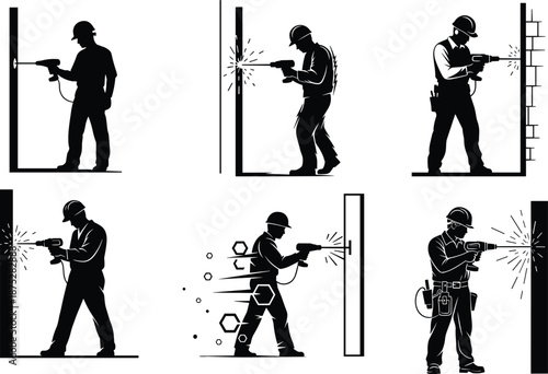 Black Silhouette Vector Set of Construction Workers Wearing Hard Hats and Operating Handheld Power Drills, Representing Installation, Maintenance, Demolition, and Building Repair Icons