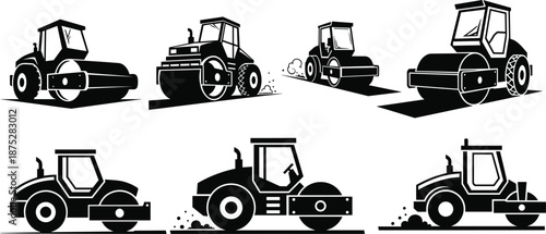 Black Silhouette Vector Set of Road Rollers and Compactors Operating on Asphalt and Earth, Representing Heavy Road Construction, Paving, and Civil Engineering Machinery Icons