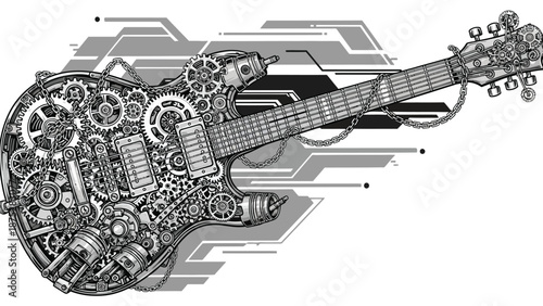 Intricate mechanical guitar illustration with gears and cogs steampunk style detailed design