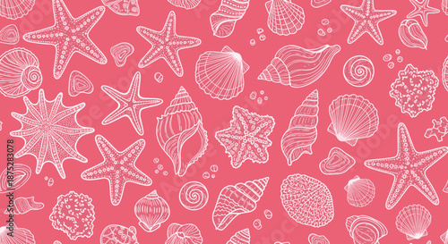 Seamless marine pattern with white hand-drawn seashells and starfish scattered on a bright pink background for summer themes.