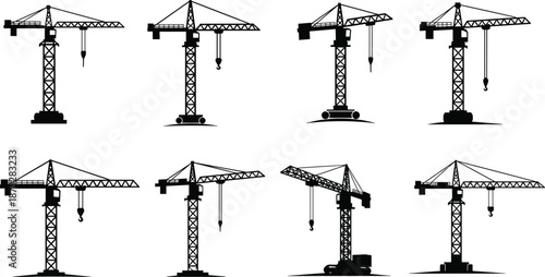 Black Silhouette Vector Set of Tower Cranes and Construction Machinery, Representing Heavy Lifting, Building Erection, Site Logistics, and Industrial Infrastructure Icons