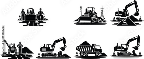 Construction site scenes with workers, bulldozers, excavators, dump trucks, cranes, traffic cones, earthmoving, roadwork, black vector illustration