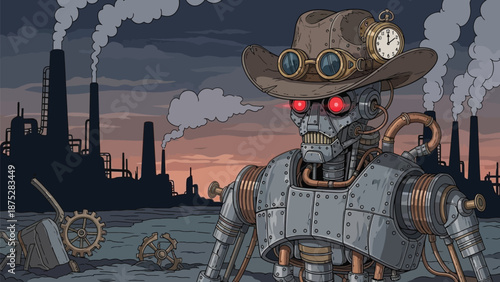 Steampunk robot with glowing red eyes and goggles in industrial landscape at sunset