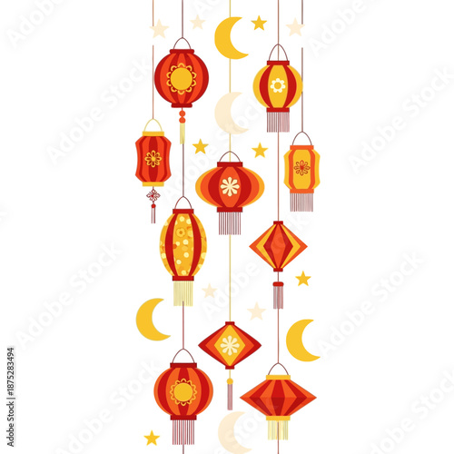 Colorful Chinese Lanterns Hanging with Moon and Stars