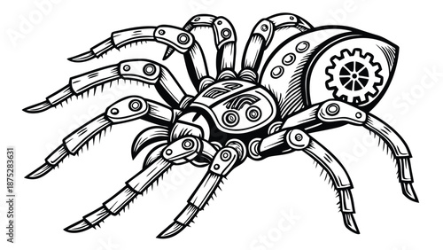 Mechanical spider robot with gears and metal limbs on white background futuristic sci fi concept
